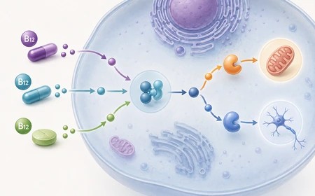 A különböző B12-formák sejten belüli átalakulásának egyszerű sematikus ábrája