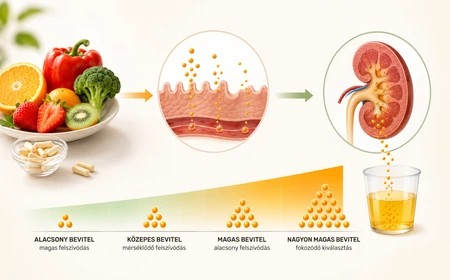 A nagyobb C-vitamin-bevitel, a telítődő felszívódás és a fokozódó kiválasztás szemléltetése