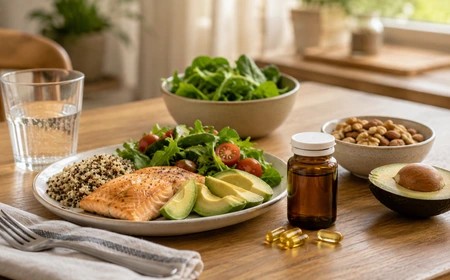 D-vitamin-készítmény és kiegyensúlyozott étkezés egy asztalon