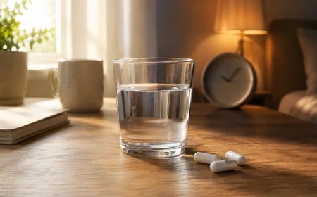 Magnéziumkapszula egy pohár víz mellett reggeli és esti környezetet idéző semleges kompozícióban