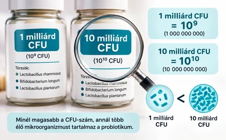 CFU jelölések példái probiotikum címkén: 1 milliárd és 10 milliárd CFU